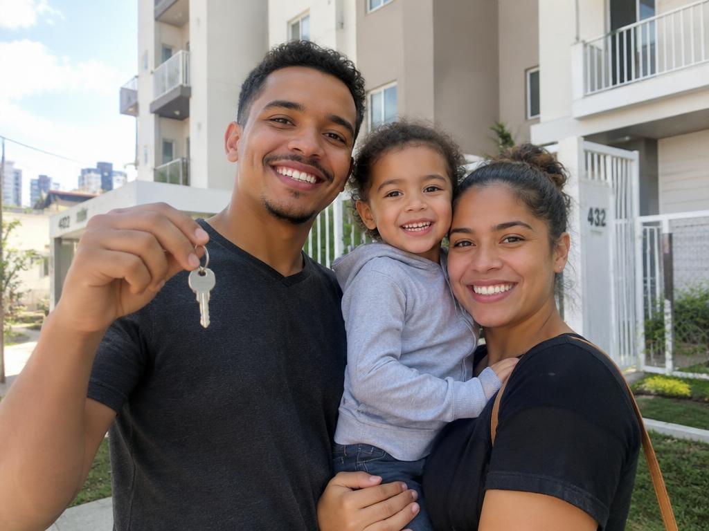 Família celebrando a conquista do primeiro apartamento